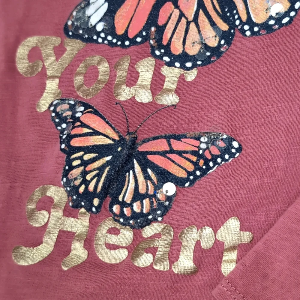 Oshkosh Heart Long Sleeve Tshirt Gold Butterfly Sequin Girls Size 8 Top